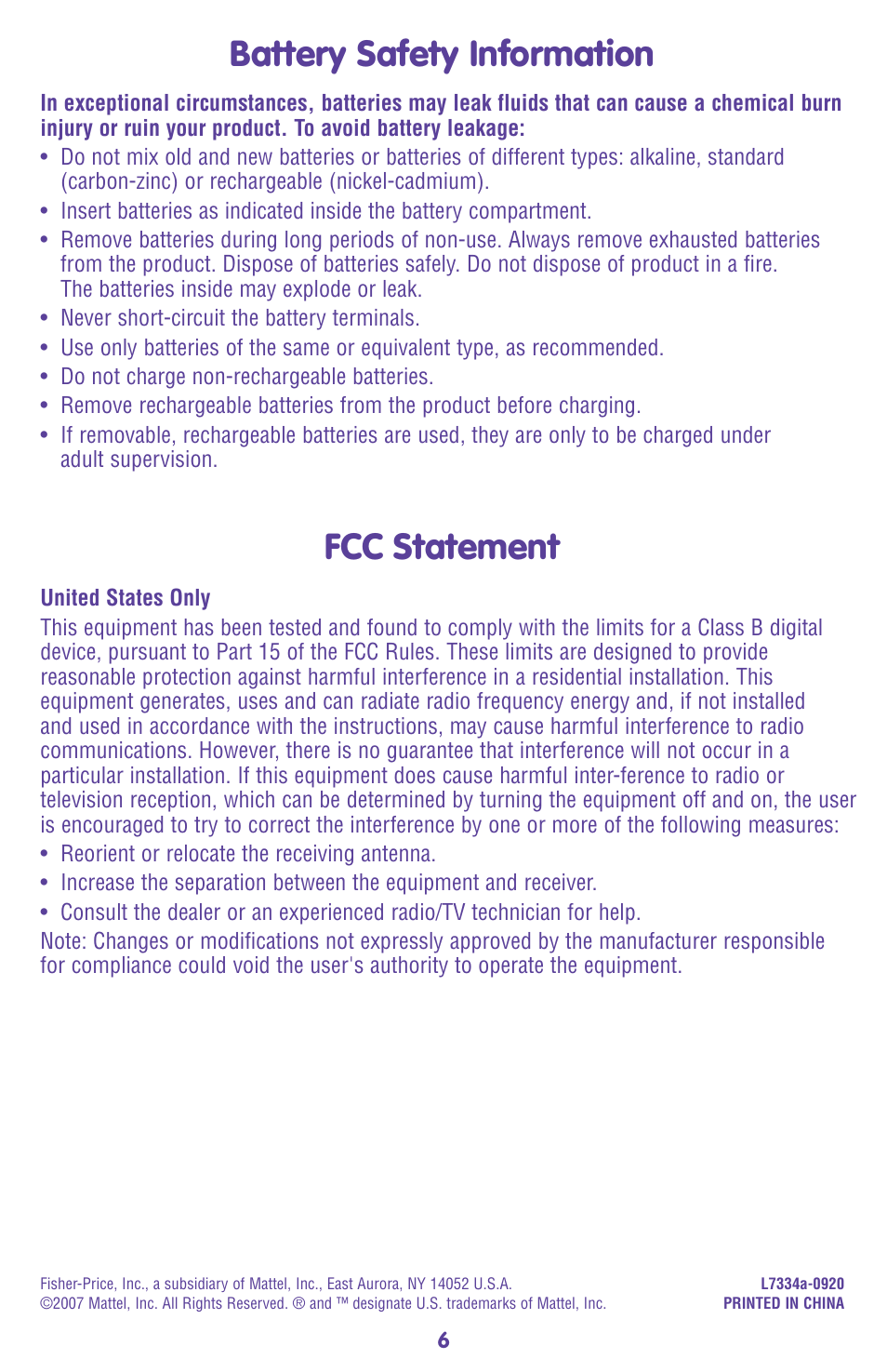 Battery safety information, Fcc statement | Fisher-Price L7334 User Manual | Page 6 / 12