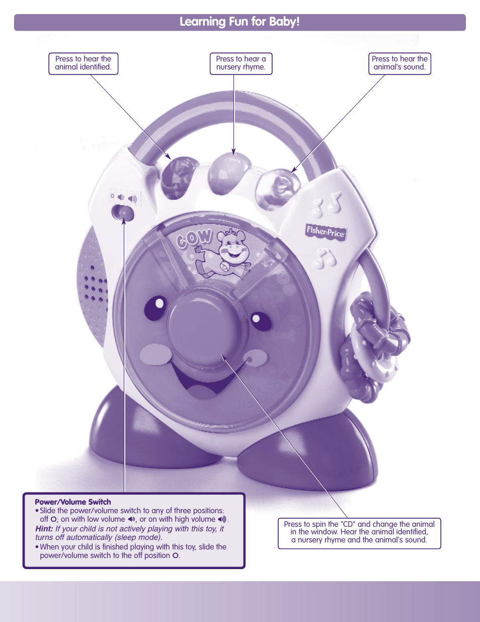 Learning fun for baby | Fisher-Price Nursery Rhymes CD Player H6319 User Manual | Page 2 / 4