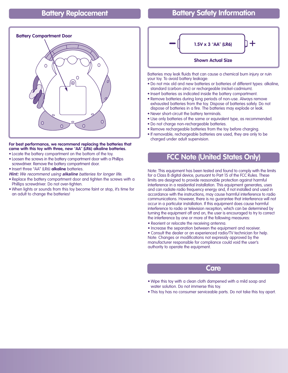 Battery replacement battery safety information, Care | Fisher-Price Nursery Rhymes CD Player H6319 User Manual | Page 3 / 4