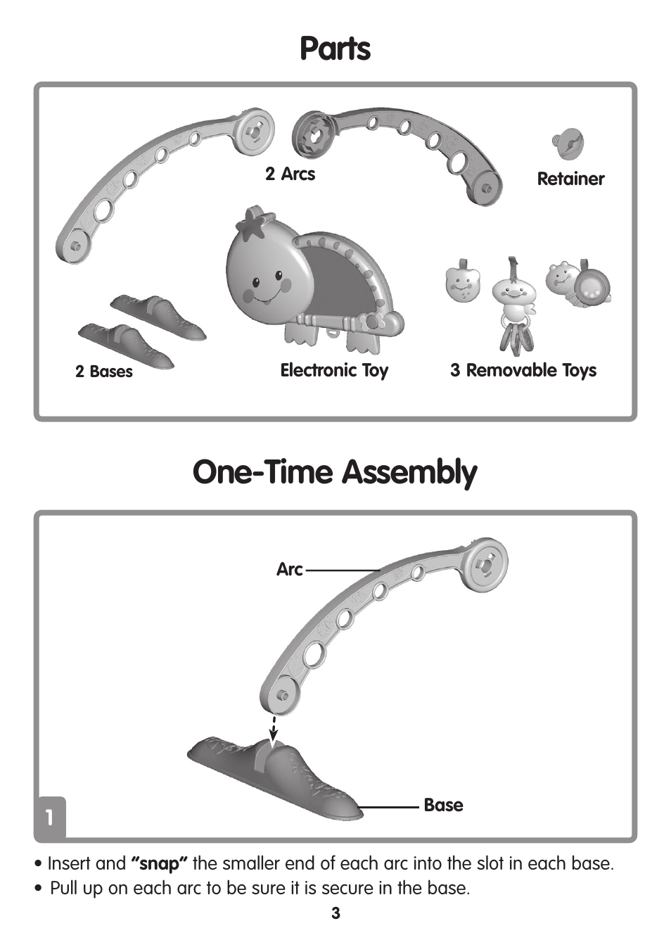 Parts, One-time assembly | Fisher-Price TUMMY TIME M3185 User Manual | Page 3 / 12