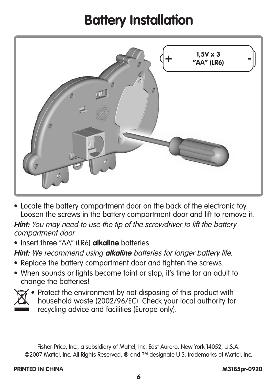 Battery installation | Fisher-Price TUMMY TIME M3185 User Manual | Page 6 / 12