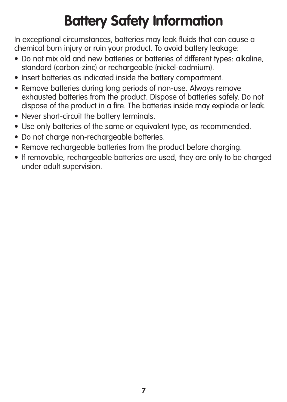 Battery safety information | Fisher-Price TUMMY TIME M3185 User Manual | Page 7 / 12