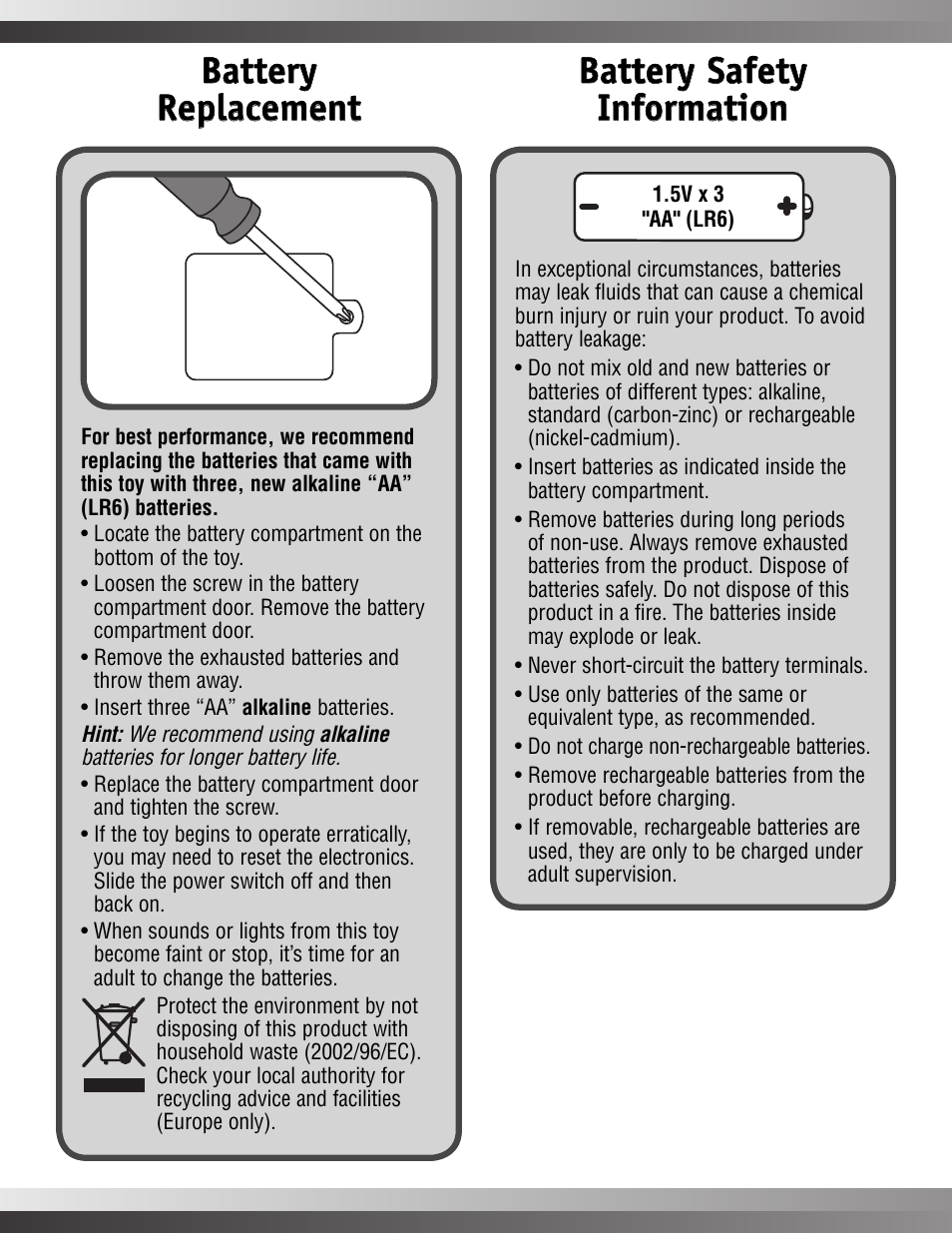Battery safety | Fisher-Price N0764 User Manual | Page 2 / 4