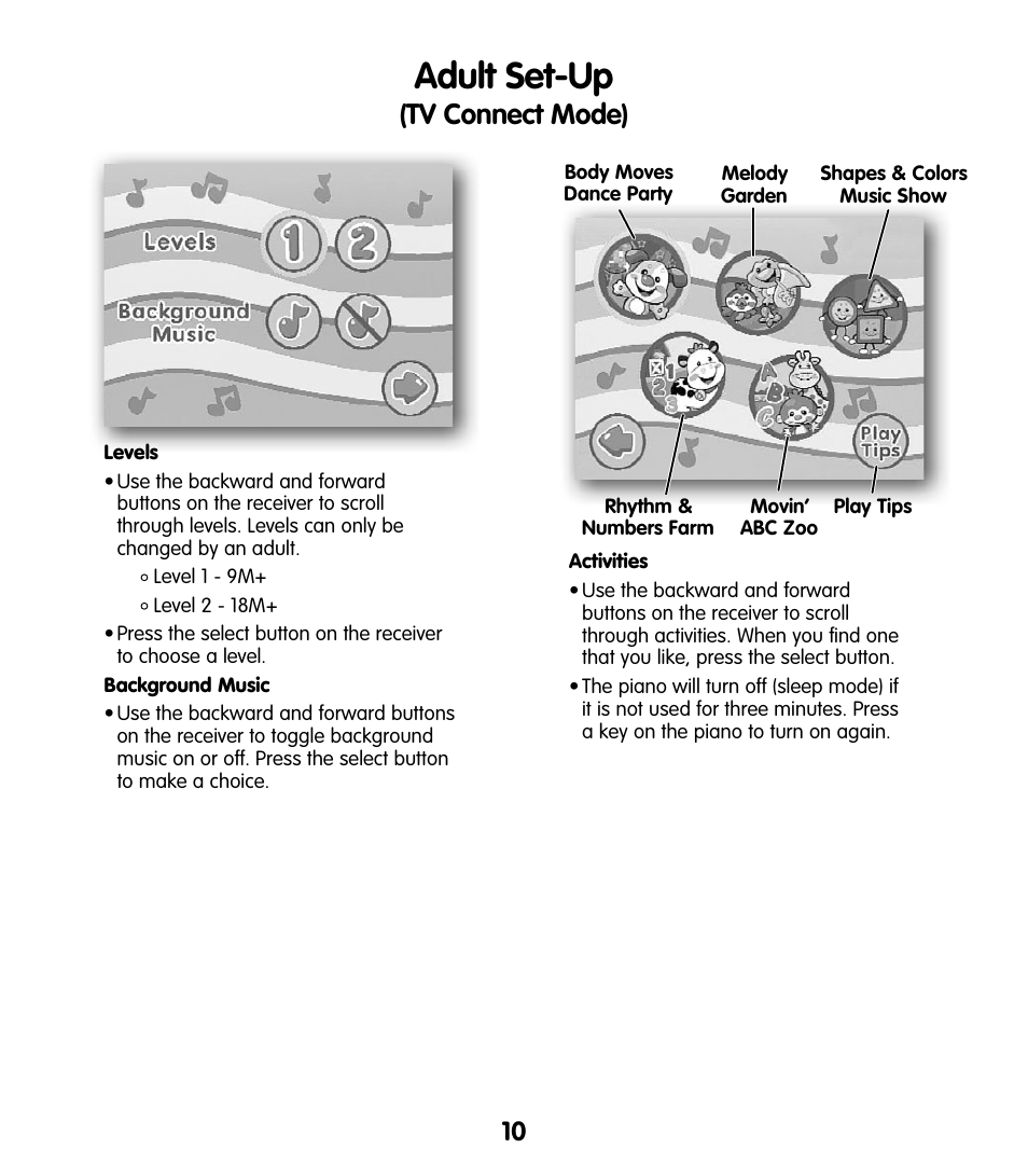 Adult set-up, Tv connect mode) | Fisher-Price T5124 User Manual | Page 10 / 16