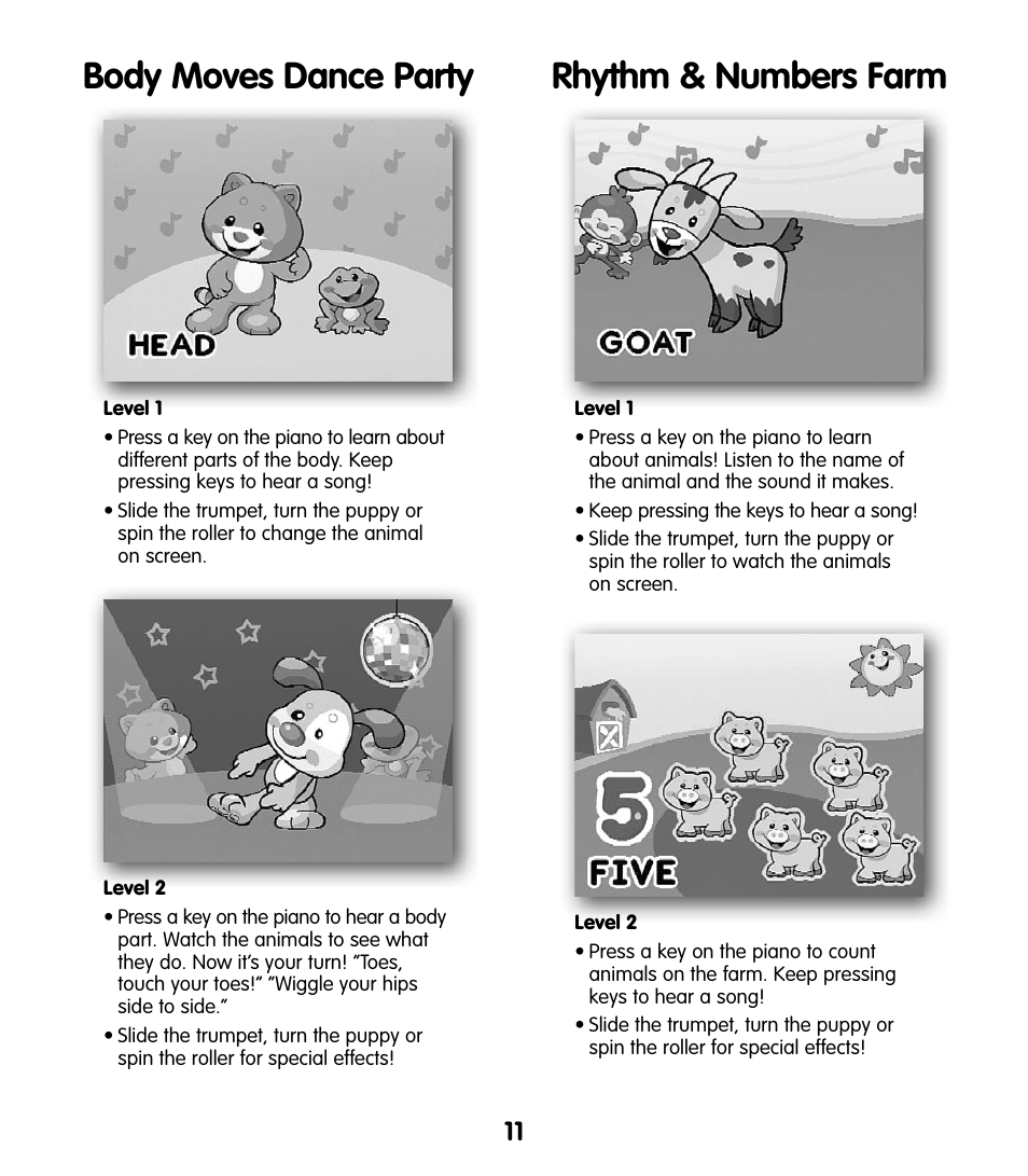 Rhythm & numbers farm, Body moves dance party | Fisher-Price T5124 User Manual | Page 11 / 16