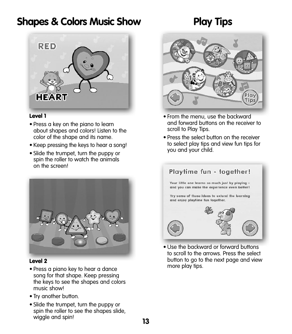 Shapes & colors music show, Play tips | Fisher-Price T5124 User Manual | Page 13 / 16
