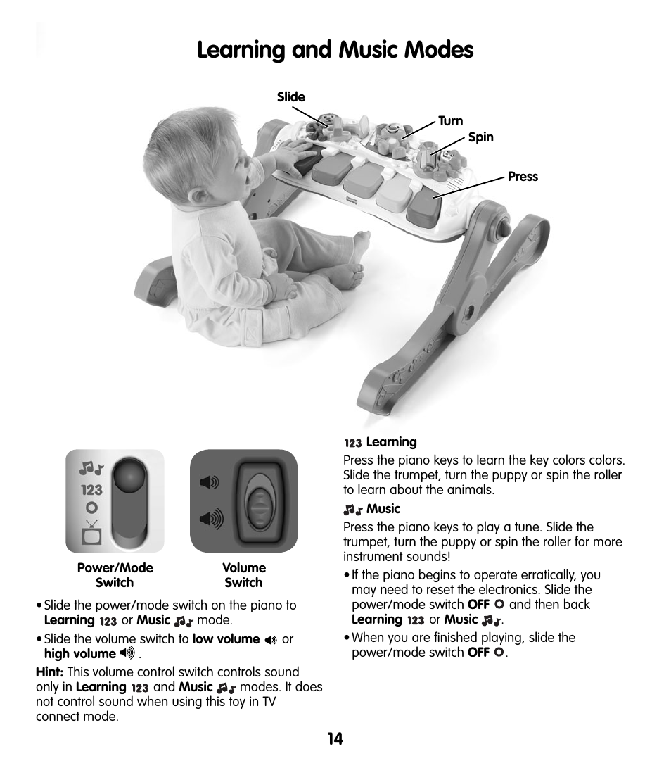 Learning and music modes | Fisher-Price T5124 User Manual | Page 14 / 16