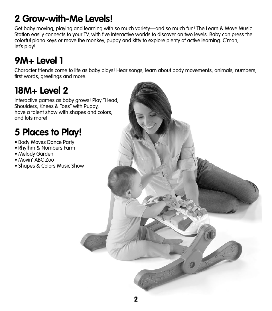 2 grow-with-me levels, 9m+ level 1, 18m+ level 2 | 5 places to play | Fisher-Price T5124 User Manual | Page 2 / 16