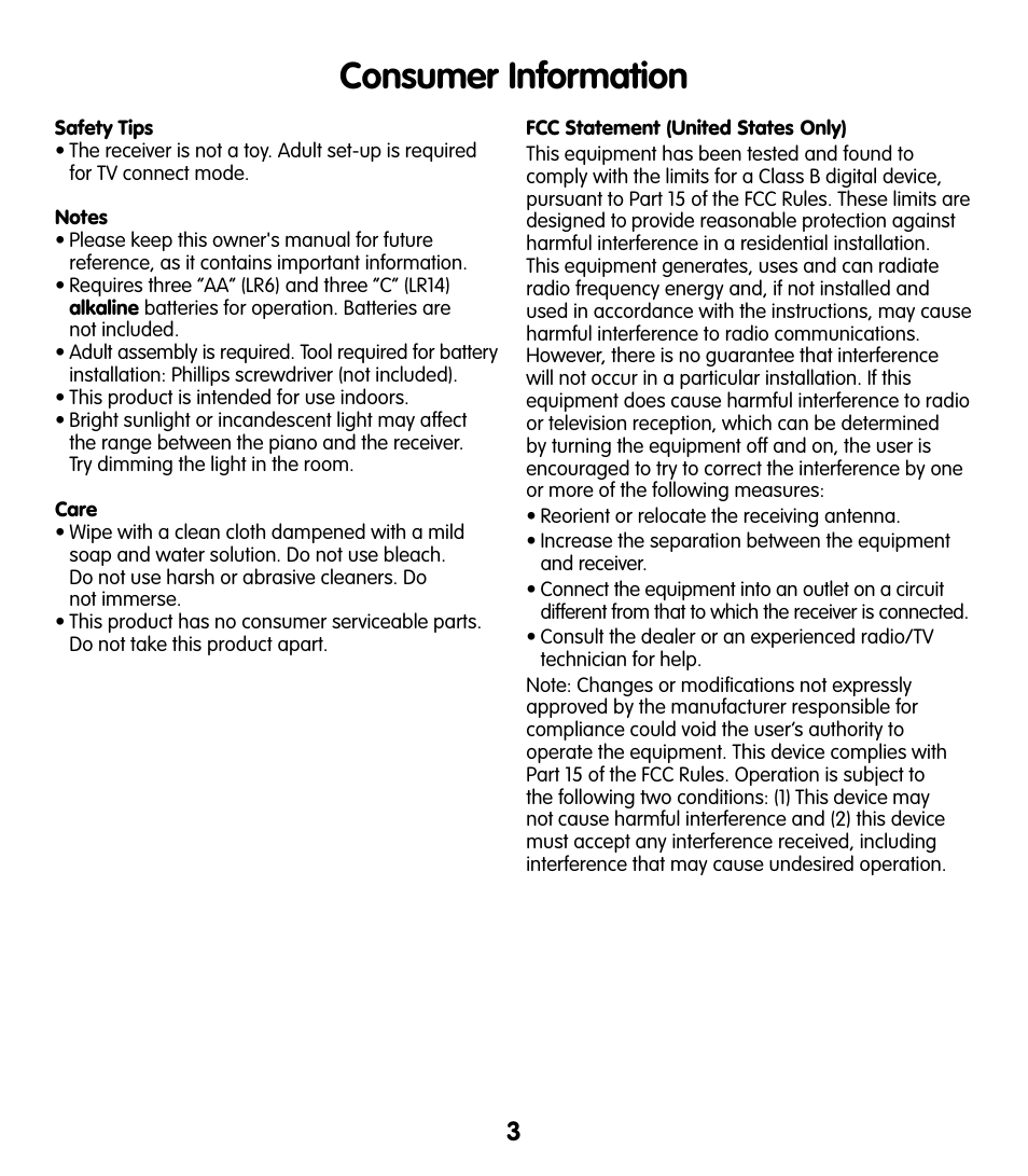 Consumer information | Fisher-Price T5124 User Manual | Page 3 / 16