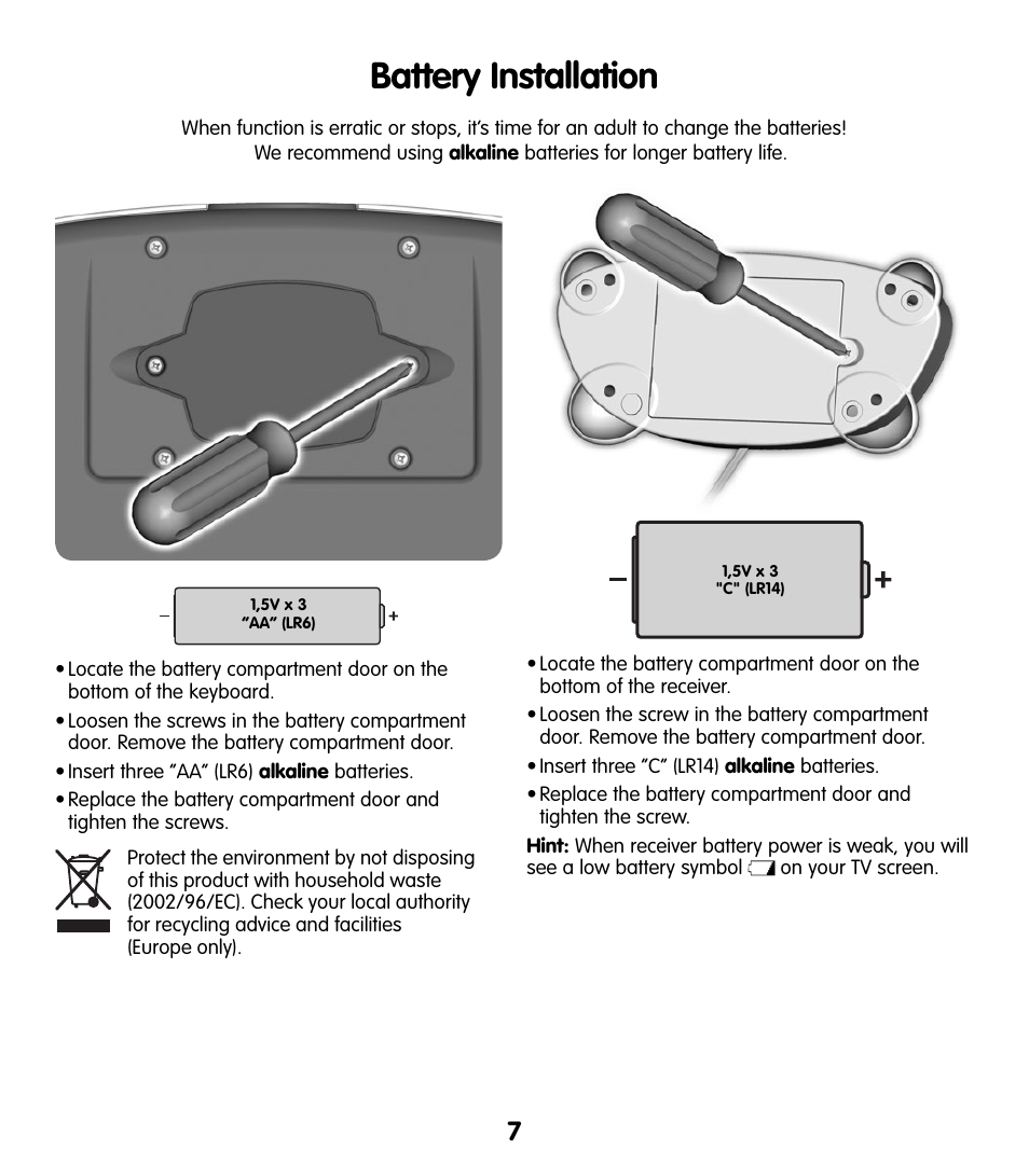 Battery installation | Fisher-Price T5124 User Manual | Page 7 / 16