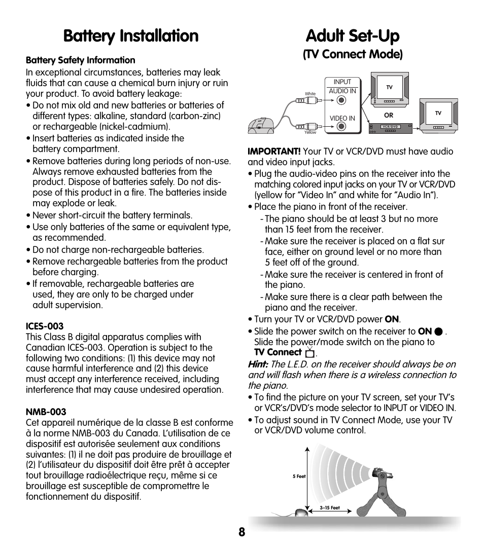 Adult set-up, Battery installation, Tv connect mode) | Fisher-Price T5124 User Manual | Page 8 / 16