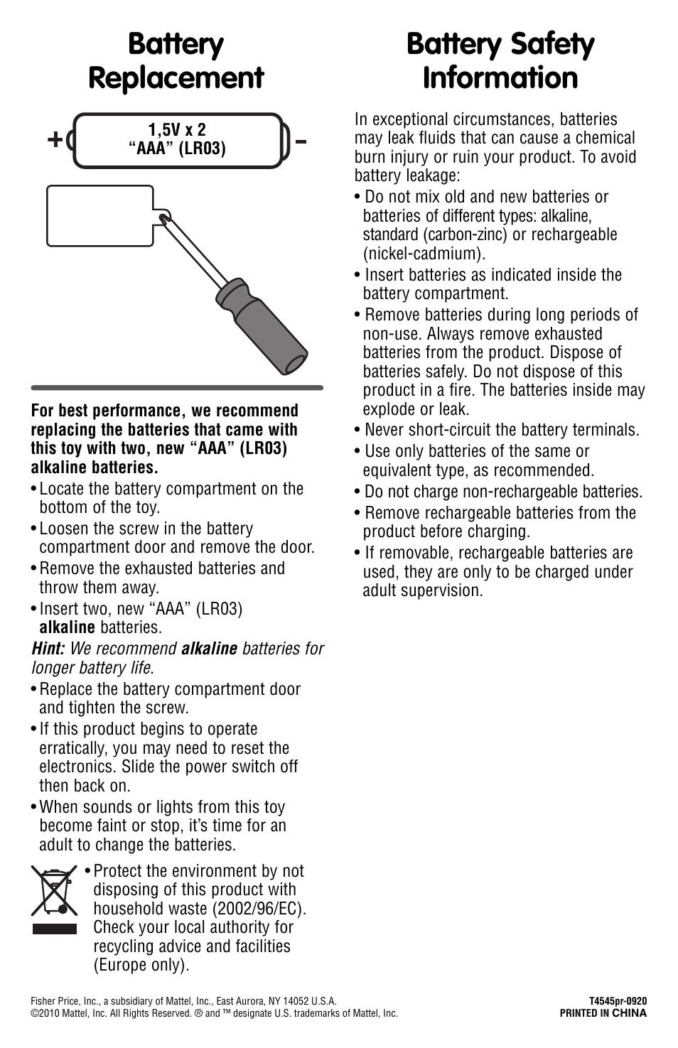 Battery replacement, Battery safety information | Fisher-Price T4545 User Manual | Page 2 / 4