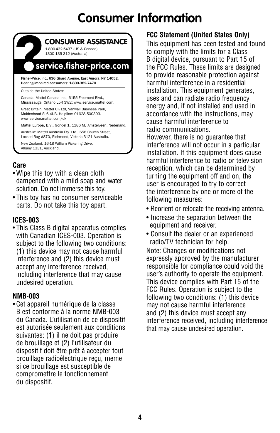 Consumer information, Consumer assistance | Fisher-Price T4545 User Manual | Page 4 / 4