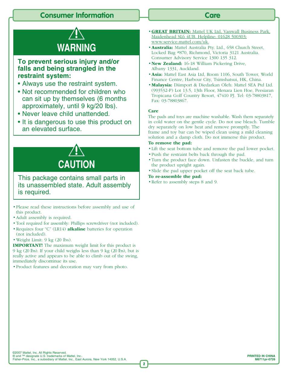 Caution, Warning, Consumer information | Care | Fisher-Price RAINFOREST M6711 User Manual | Page 2 / 8