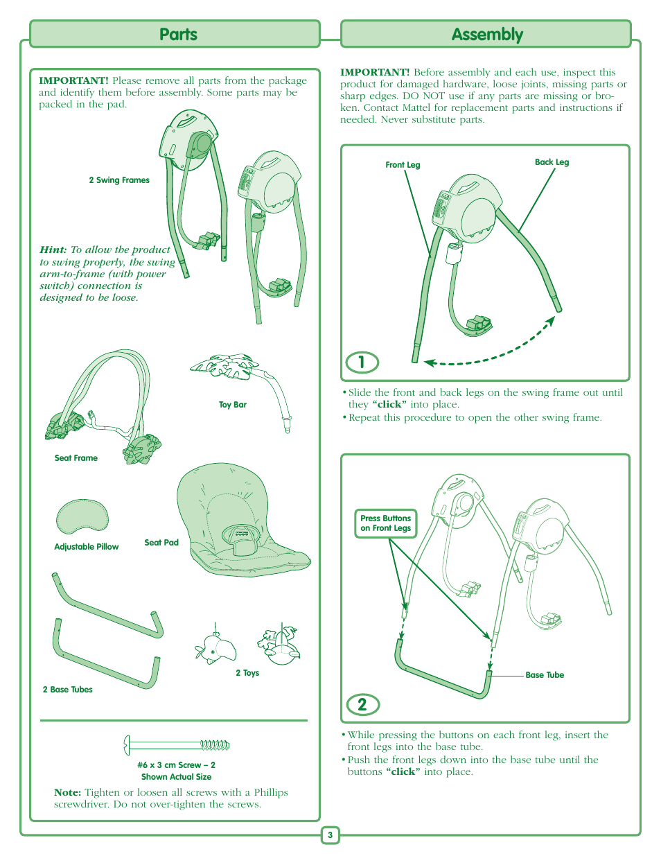Parts, Assembly | Fisher-Price RAINFOREST M6711 User Manual | Page 3 / 8