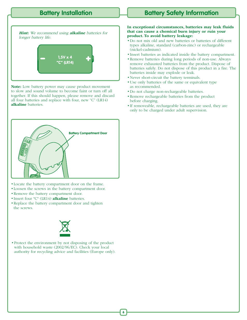 Battery installation, Battery safety information | Fisher-Price RAINFOREST M6711 User Manual | Page 6 / 8