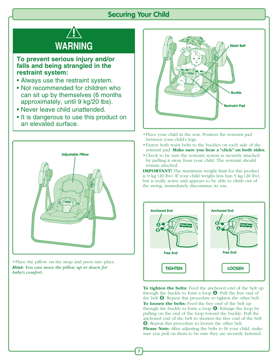 Warning, Securing your child | Fisher-Price RAINFOREST M6711 User Manual | Page 7 / 8