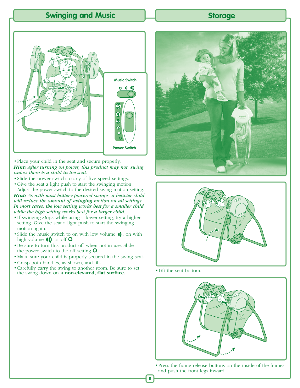 Swinging and music, Storage | Fisher-Price RAINFOREST M6711 User Manual | Page 8 / 8