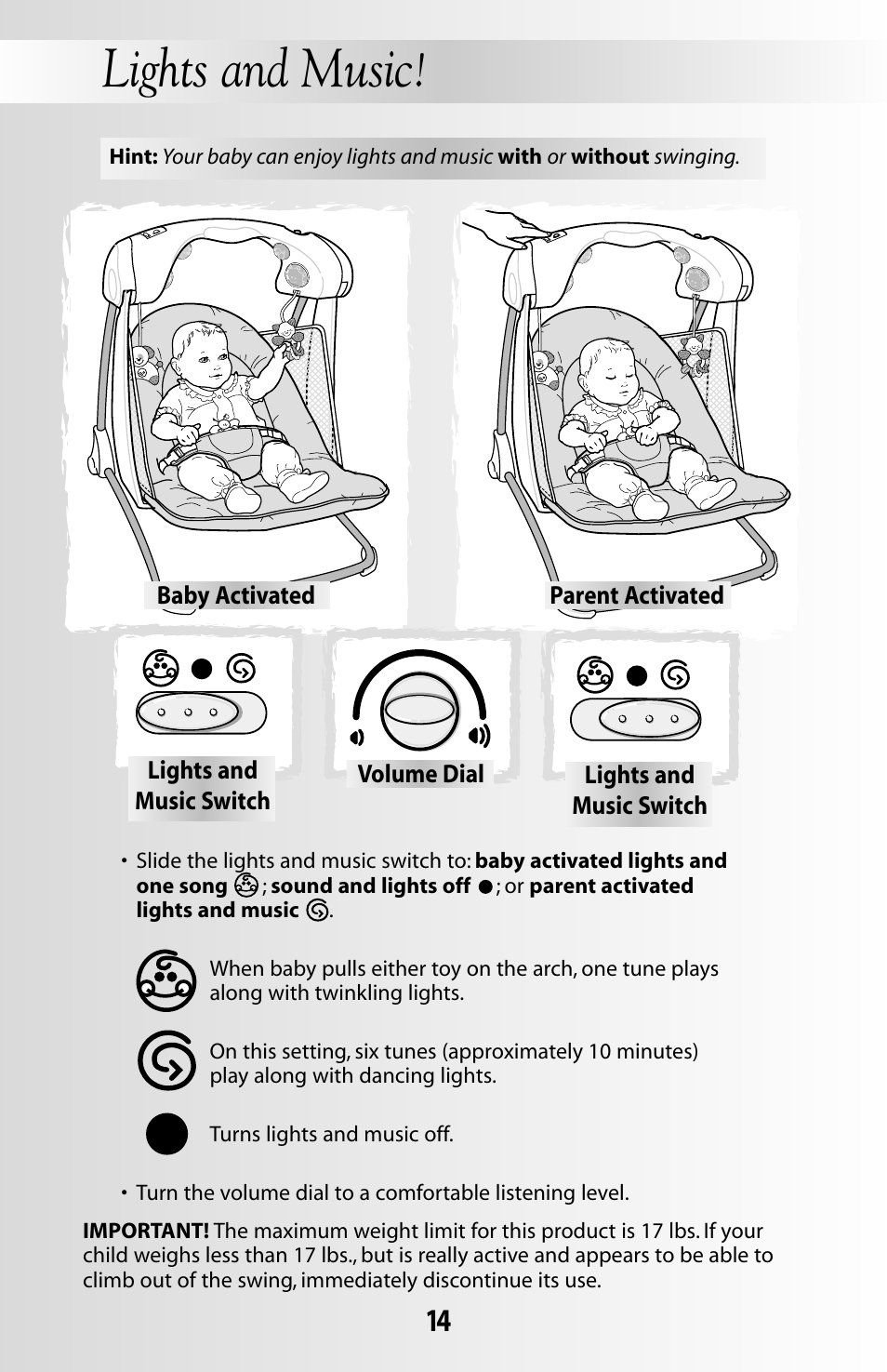 Lights and music | Fisher-Price DELUXE TAKE-ALONG 79618 User Manual | Page 14 / 20