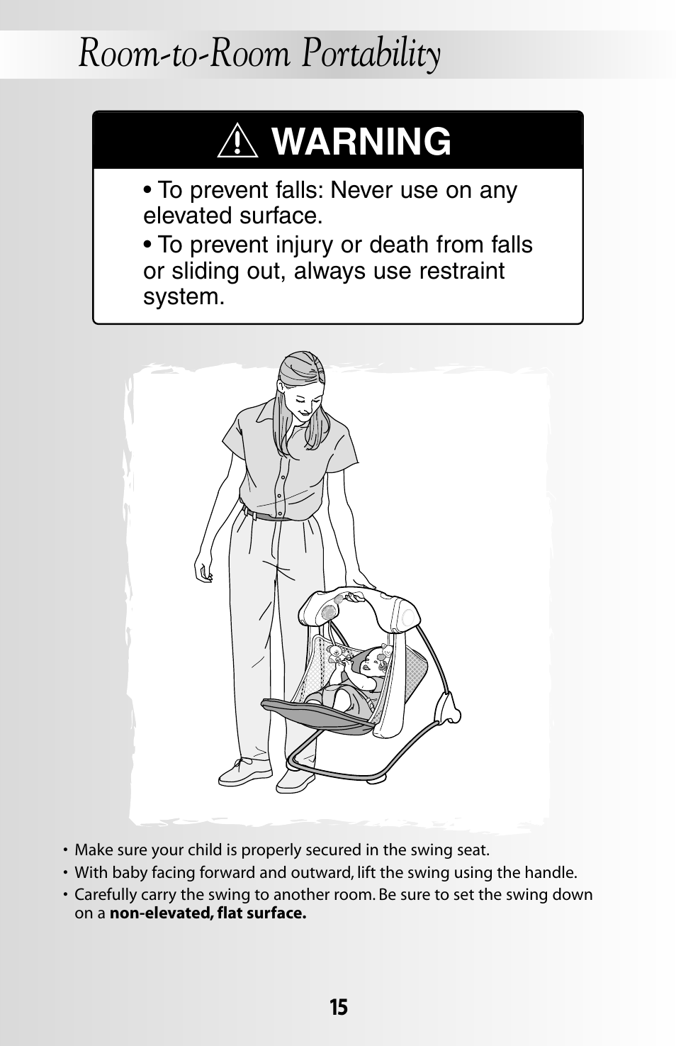 Room-to-room portability, Warning | Fisher-Price DELUXE TAKE-ALONG 79618 User Manual | Page 15 / 20
