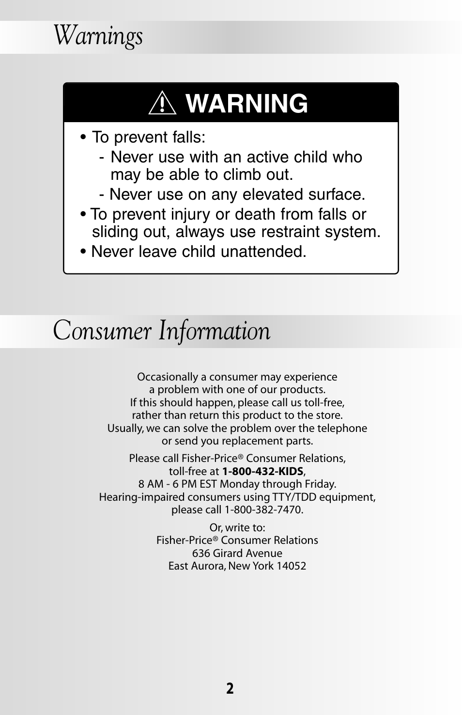 Warnings consumer information, Warning | Fisher-Price DELUXE TAKE-ALONG 79618 User Manual | Page 2 / 20