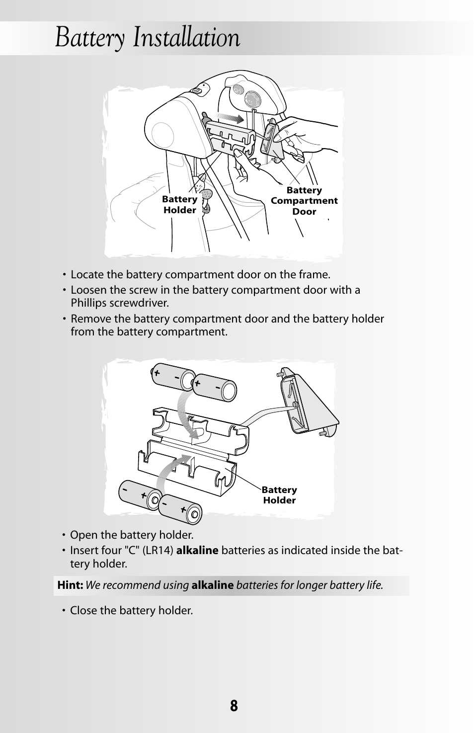 Battery installation | Fisher-Price DELUXE TAKE-ALONG 79618 User Manual | Page 8 / 20