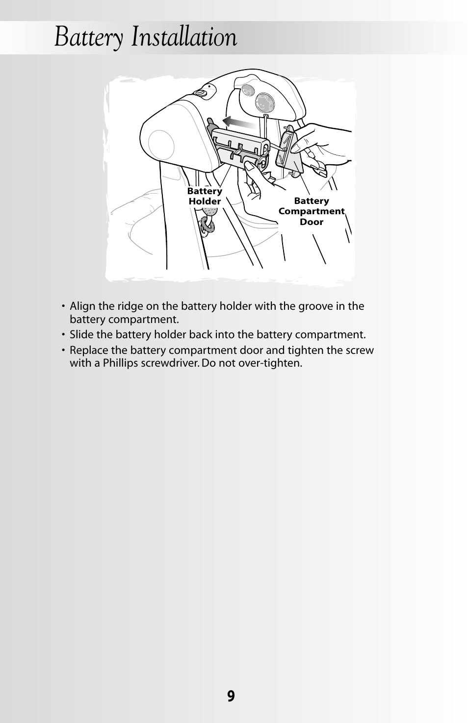 Battery installation | Fisher-Price DELUXE TAKE-ALONG 79618 User Manual | Page 9 / 20