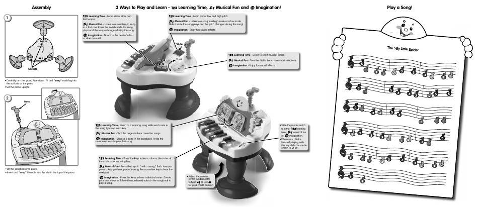 Assembly, Play a song, The silly little spider | Fisher-Price J9632 User Manual | Page 2 / 5
