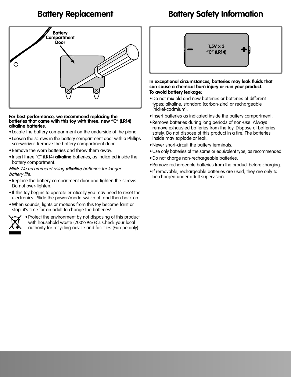 Battery replacement, Battery safety information | Fisher-Price J9632 User Manual | Page 4 / 5