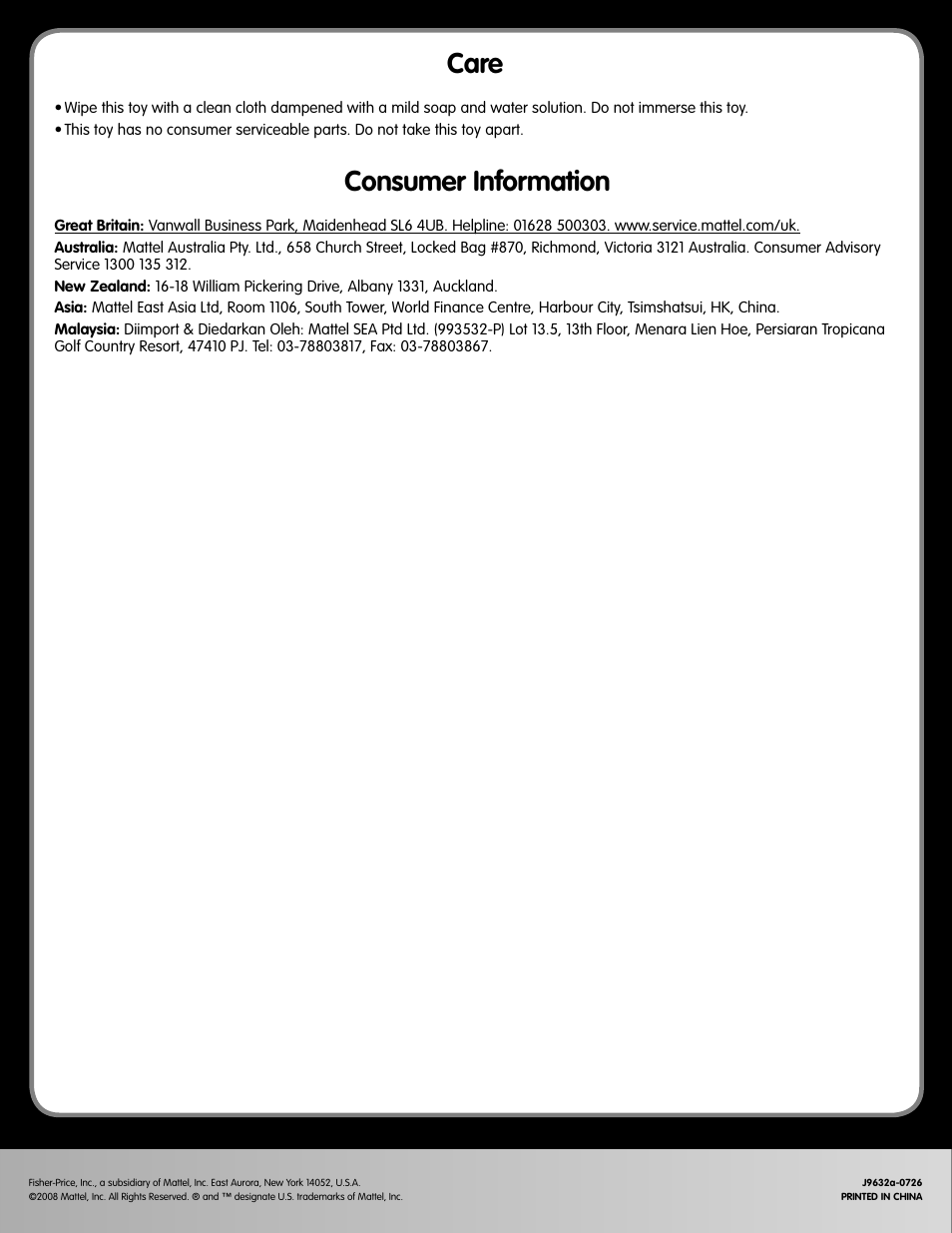 Consumer information care | Fisher-Price J9632 User Manual | Page 5 / 5
