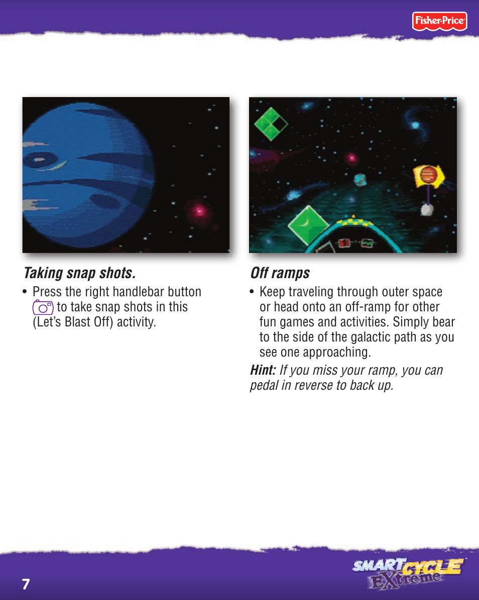 7off ramps, Taking snap shots | Fisher-Price SMART CYCLE EXTREME P8895 User Manual | Page 7 / 20