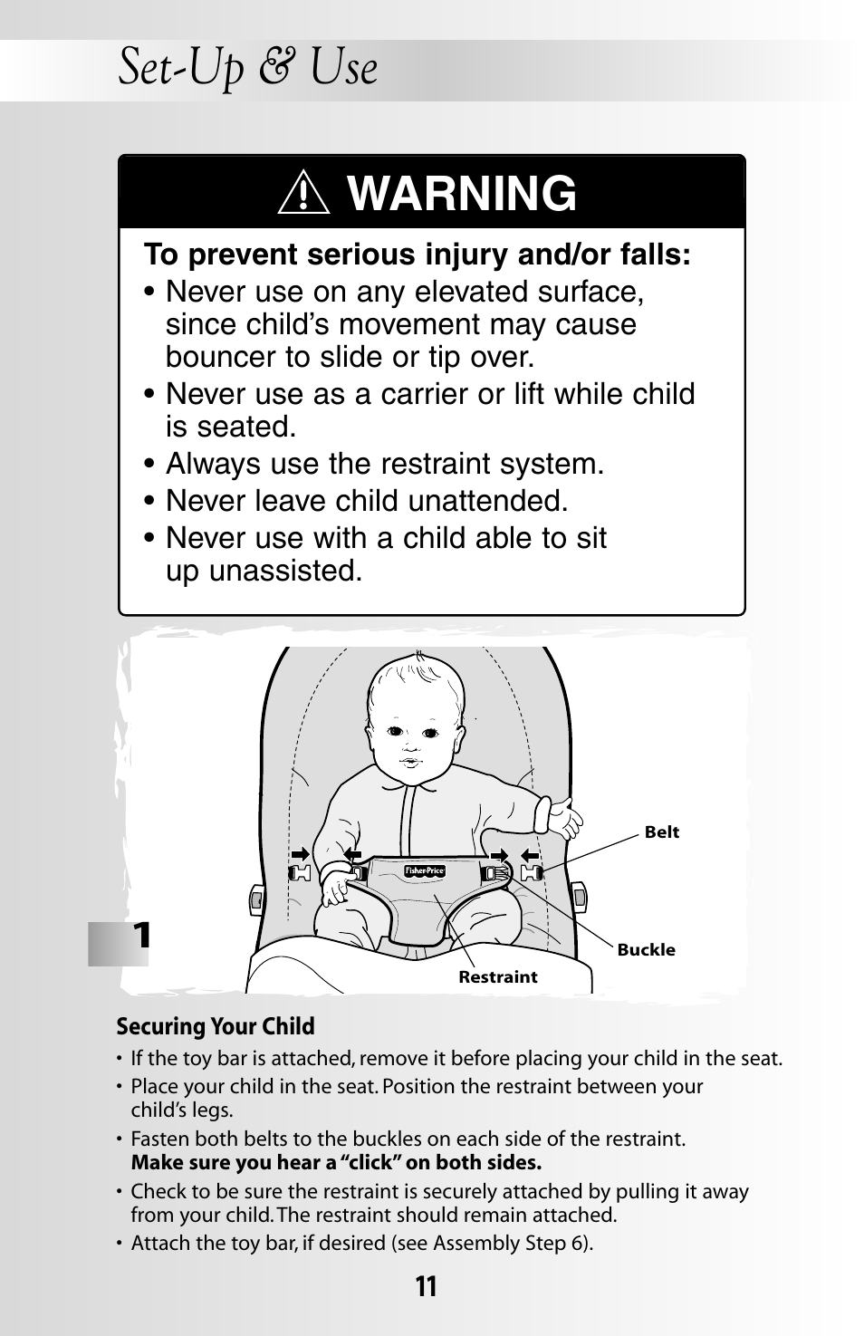 Set-up & use, Warning | Fisher-Price COVER'N PLAY 79619 User Manual | Page 11 / 16