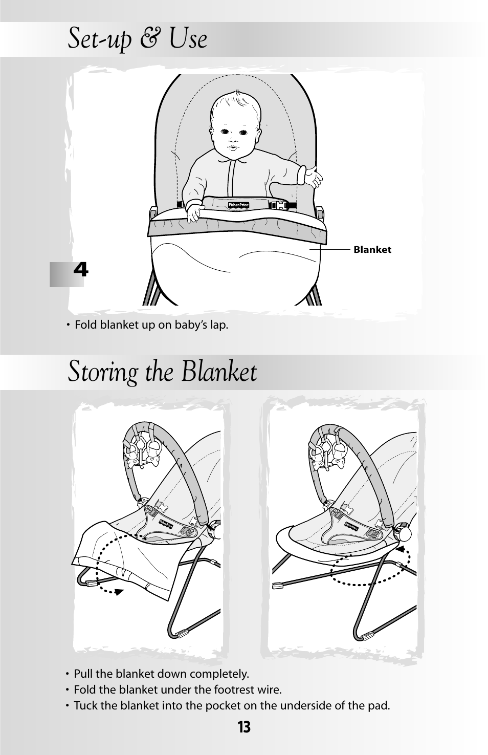 Set-up & use, Storing the blanket | Fisher-Price COVER'N PLAY 79619 User Manual | Page 13 / 16