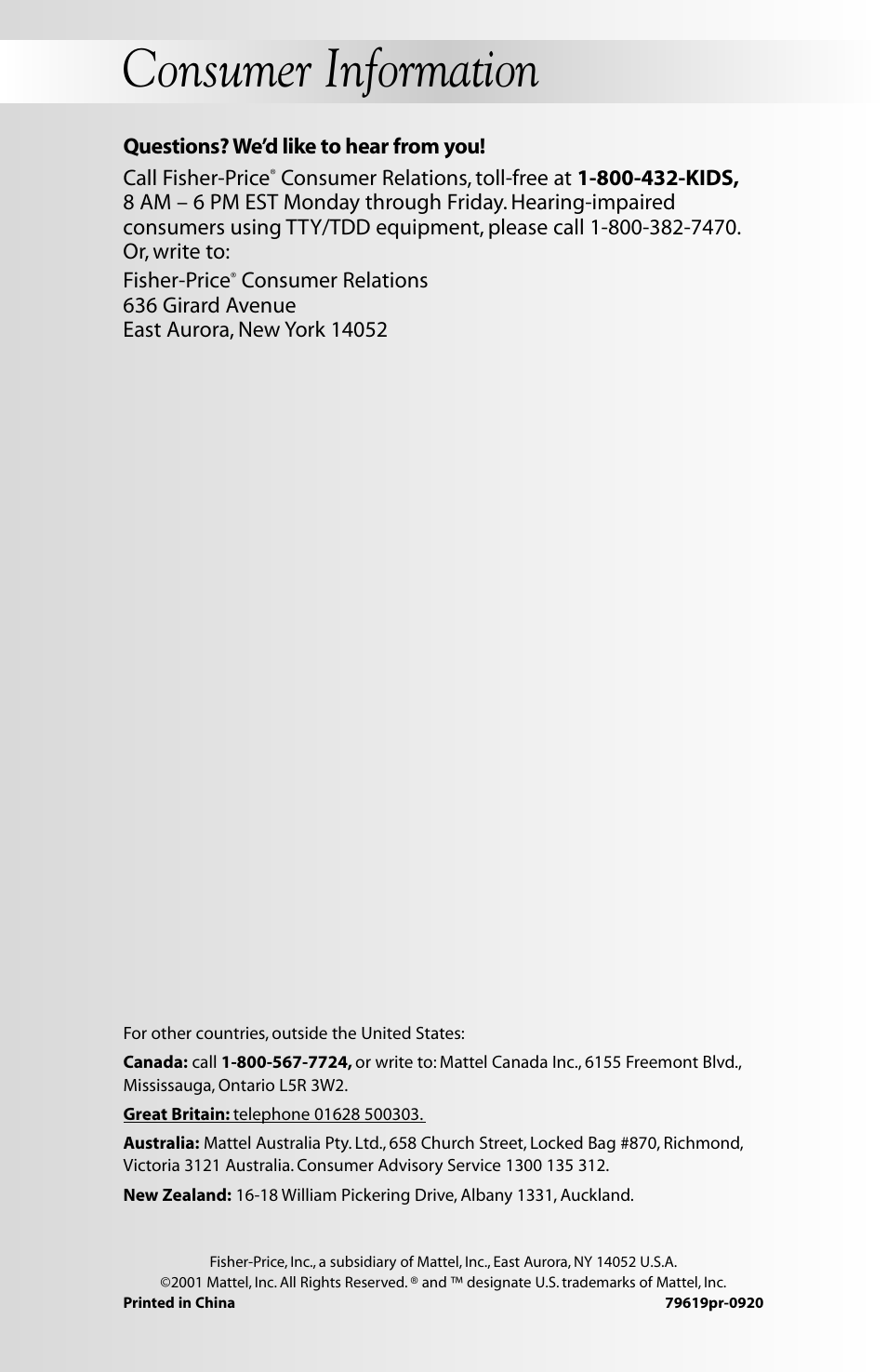 Consumer information | Fisher-Price COVER'N PLAY 79619 User Manual | Page 16 / 16