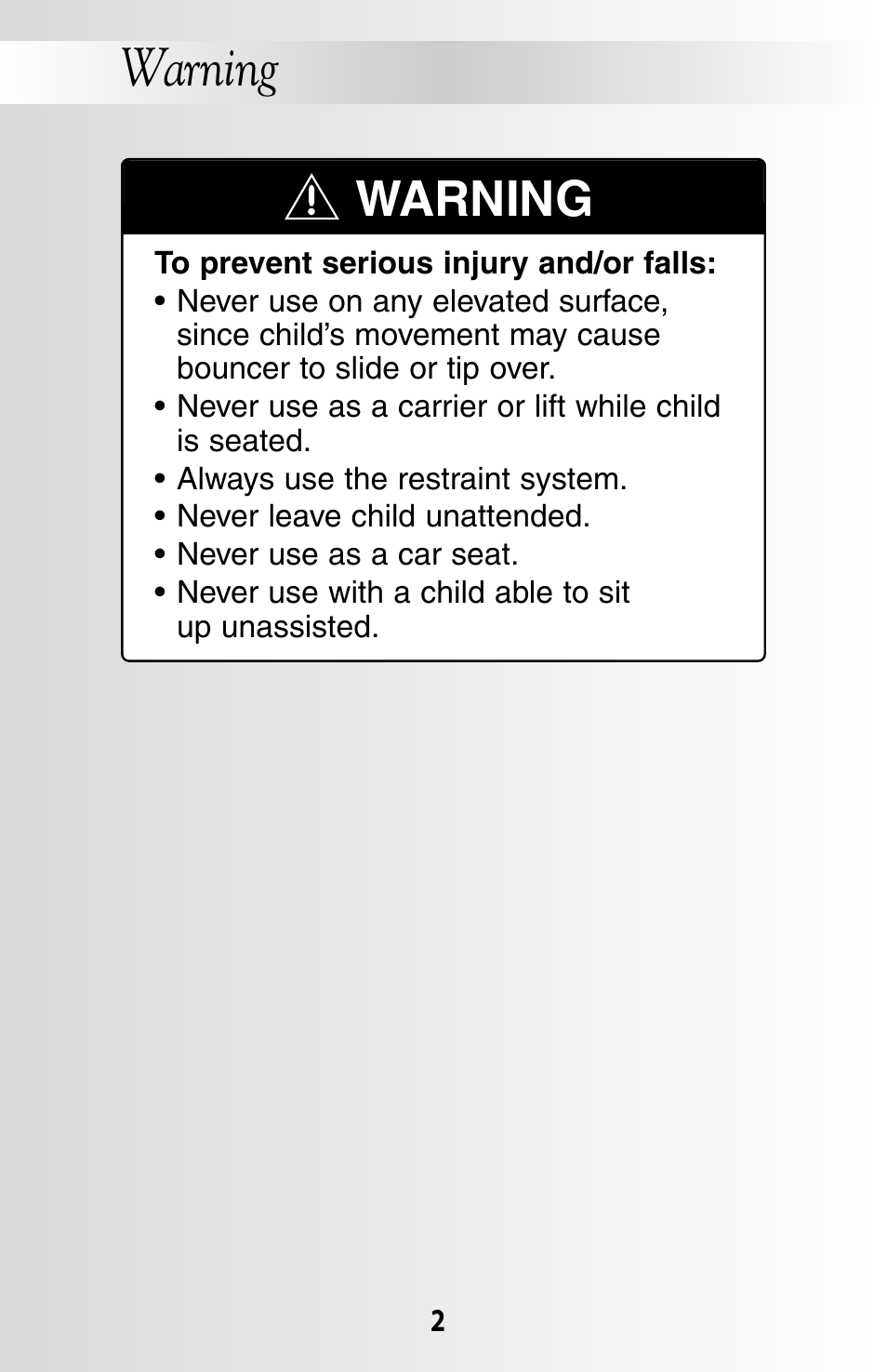 Warning | Fisher-Price COVER'N PLAY 79619 User Manual | Page 2 / 16