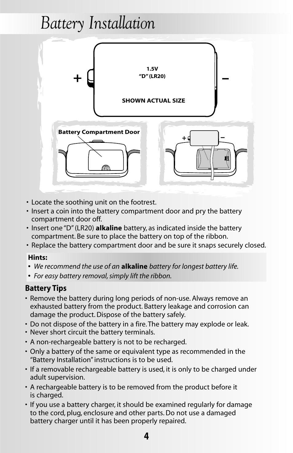 Battery installation | Fisher-Price COVER'N PLAY 79619 User Manual | Page 4 / 16