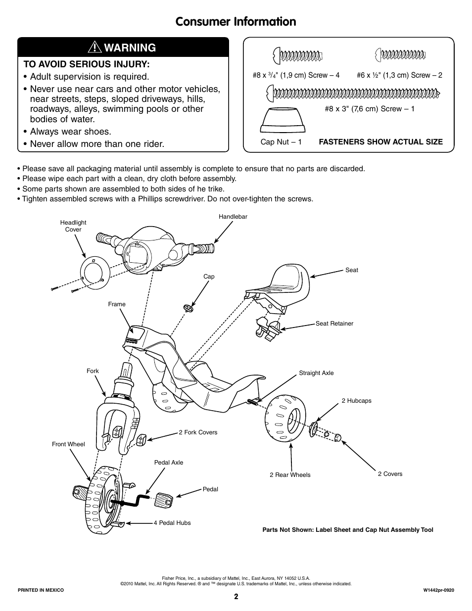 Consumer information, Warning | Fisher-Price W1442 User Manual | Page 2 / 8