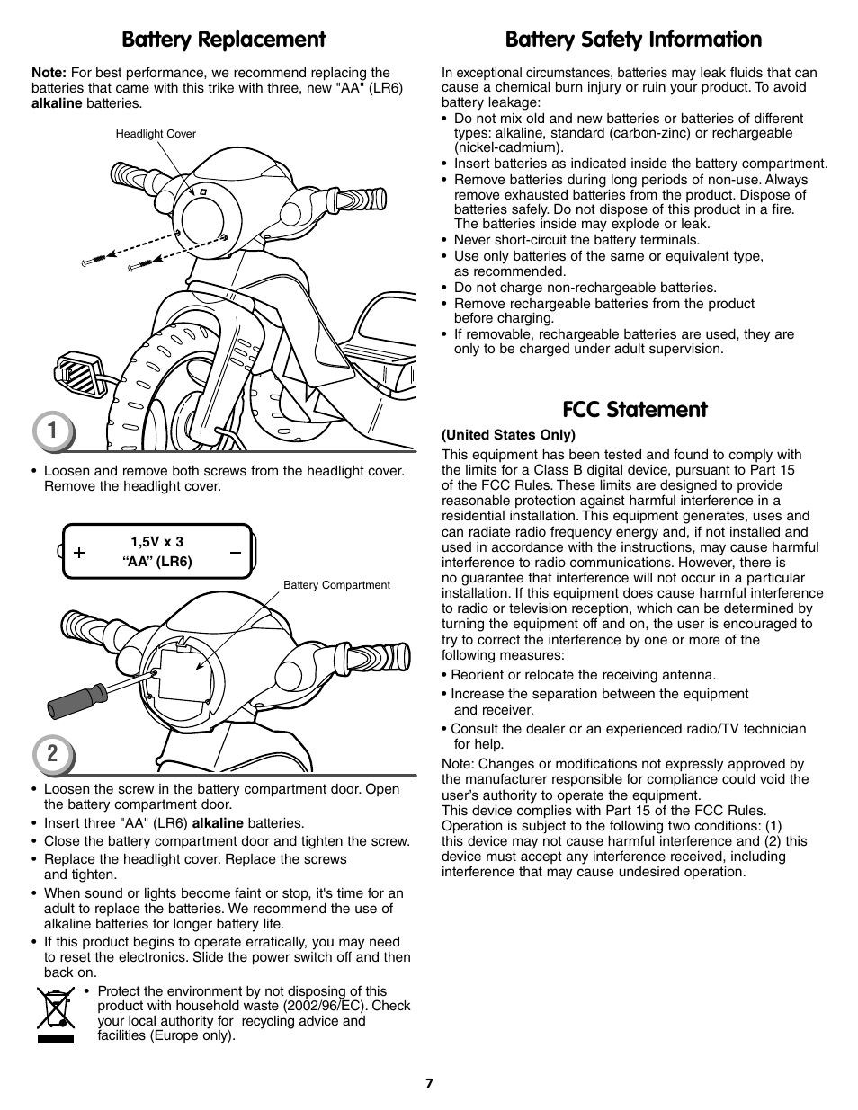 Fcc statement, Battery replacement battery safety information | Fisher-Price W1442 User Manual | Page 7 / 8