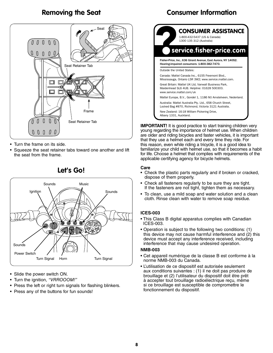 Removing the seat let's go! consumer information, Consumer assistance | Fisher-Price W1442 User Manual | Page 8 / 8