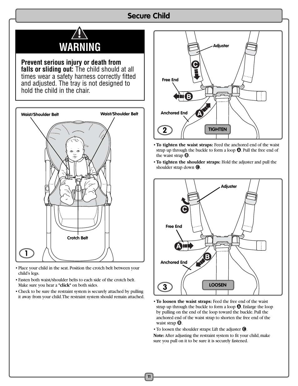 Warning, Secure child 1 | Fisher-Price L0542 User Manual | Page 11 / 16