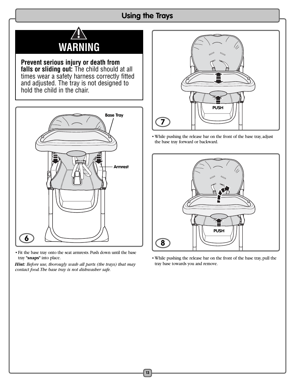 Warning, Using the trays 6 | Fisher-Price L0542 User Manual | Page 13 / 16