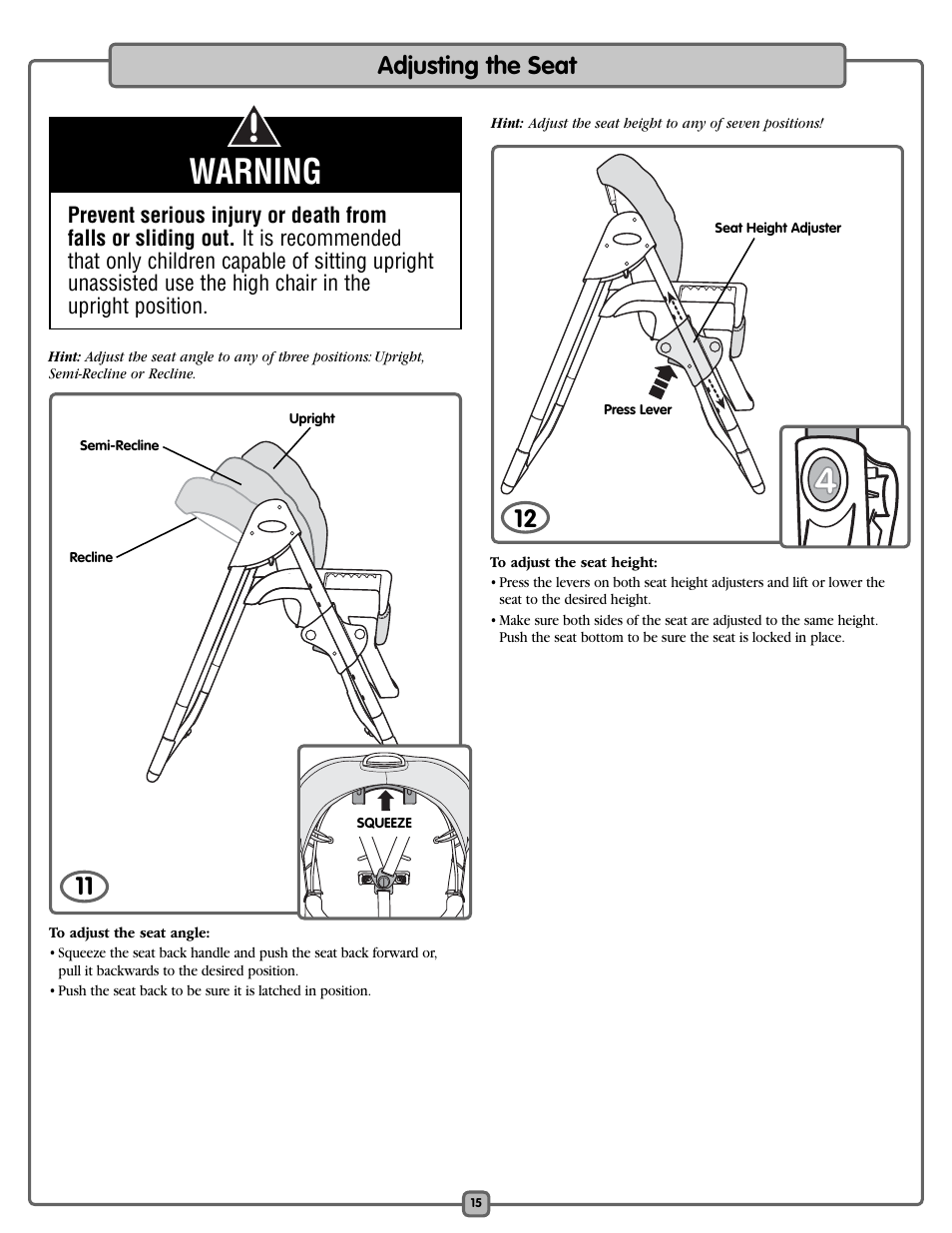 Warning, Adjusting the seat | Fisher-Price L0542 User Manual | Page 15 / 16