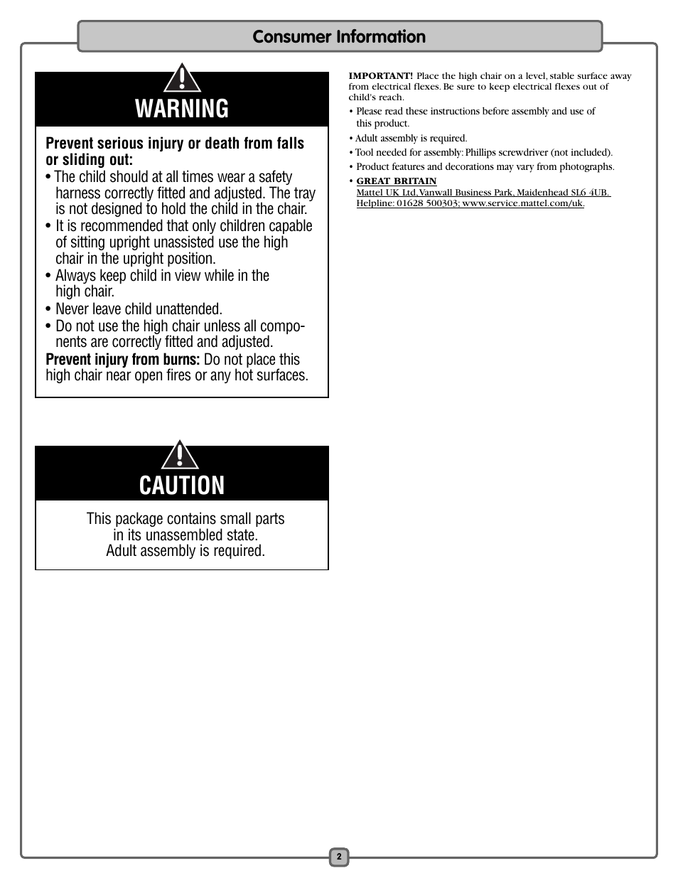 Warning caution, Consumer information | Fisher-Price L0542 User Manual | Page 2 / 16