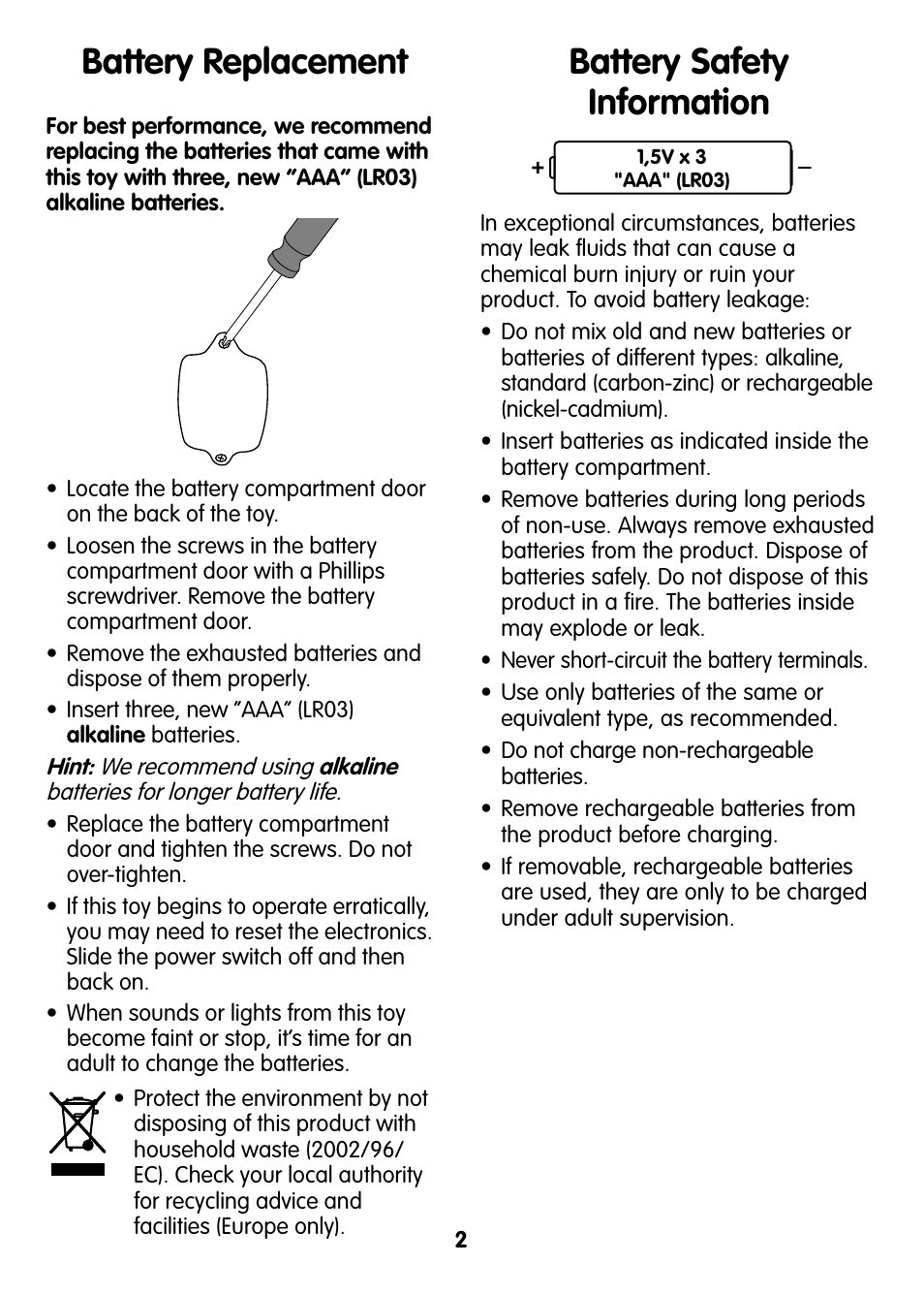 Battery replacement, Battery safety information | Fisher-Price V2779 User Manual | Page 2 / 4