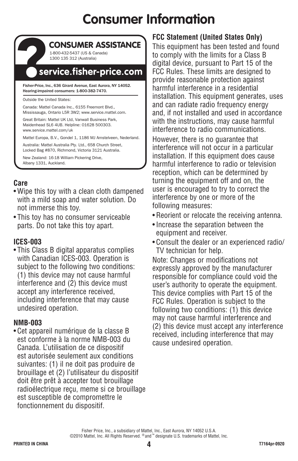 Consumer information, Consumer assistance | Fisher-Price T7164 User Manual | Page 4 / 6