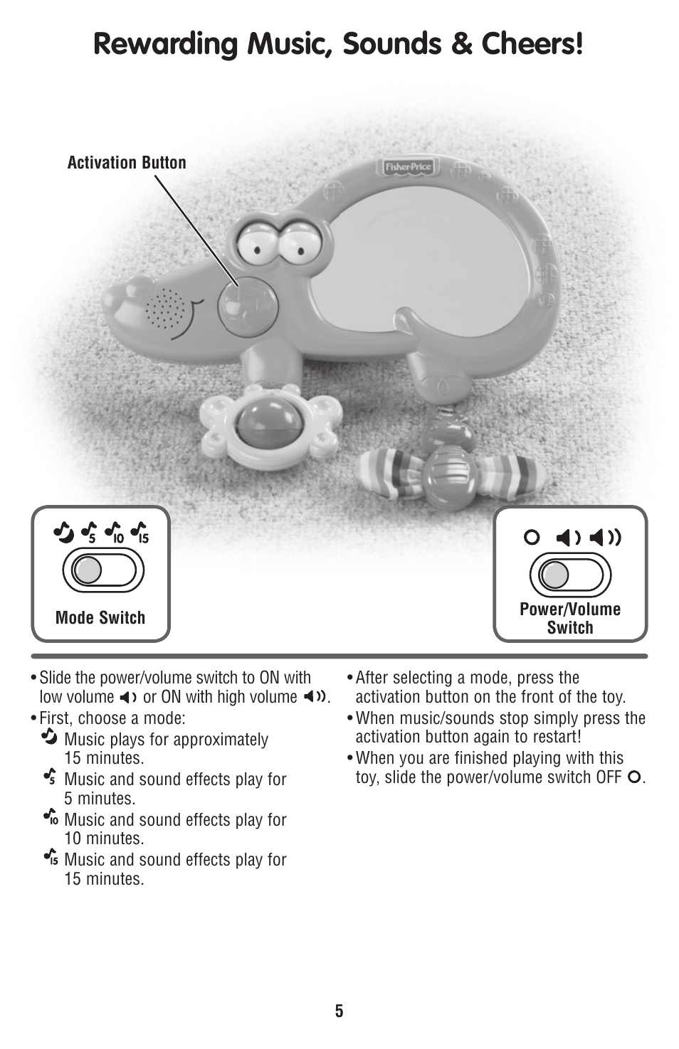 Rewarding music, sounds & cheers | Fisher-Price T7164 User Manual | Page 5 / 6