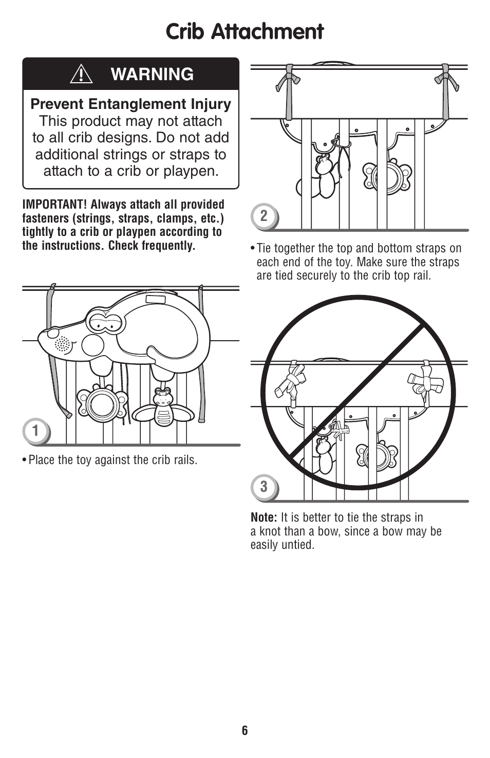 Crib attachment, Warning | Fisher-Price T7164 User Manual | Page 6 / 6