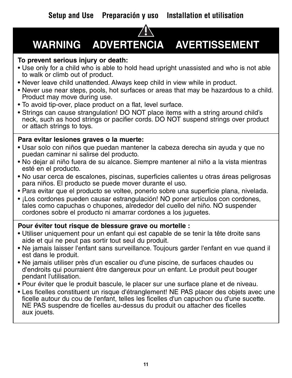 Warning advertencia avertissement | Fisher-Price V0206 User Manual | Page 11 / 16