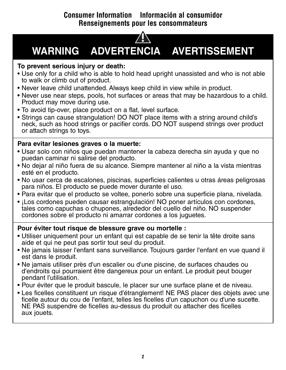 Warning advertencia avertissement | Fisher-Price V0206 User Manual | Page 2 / 16