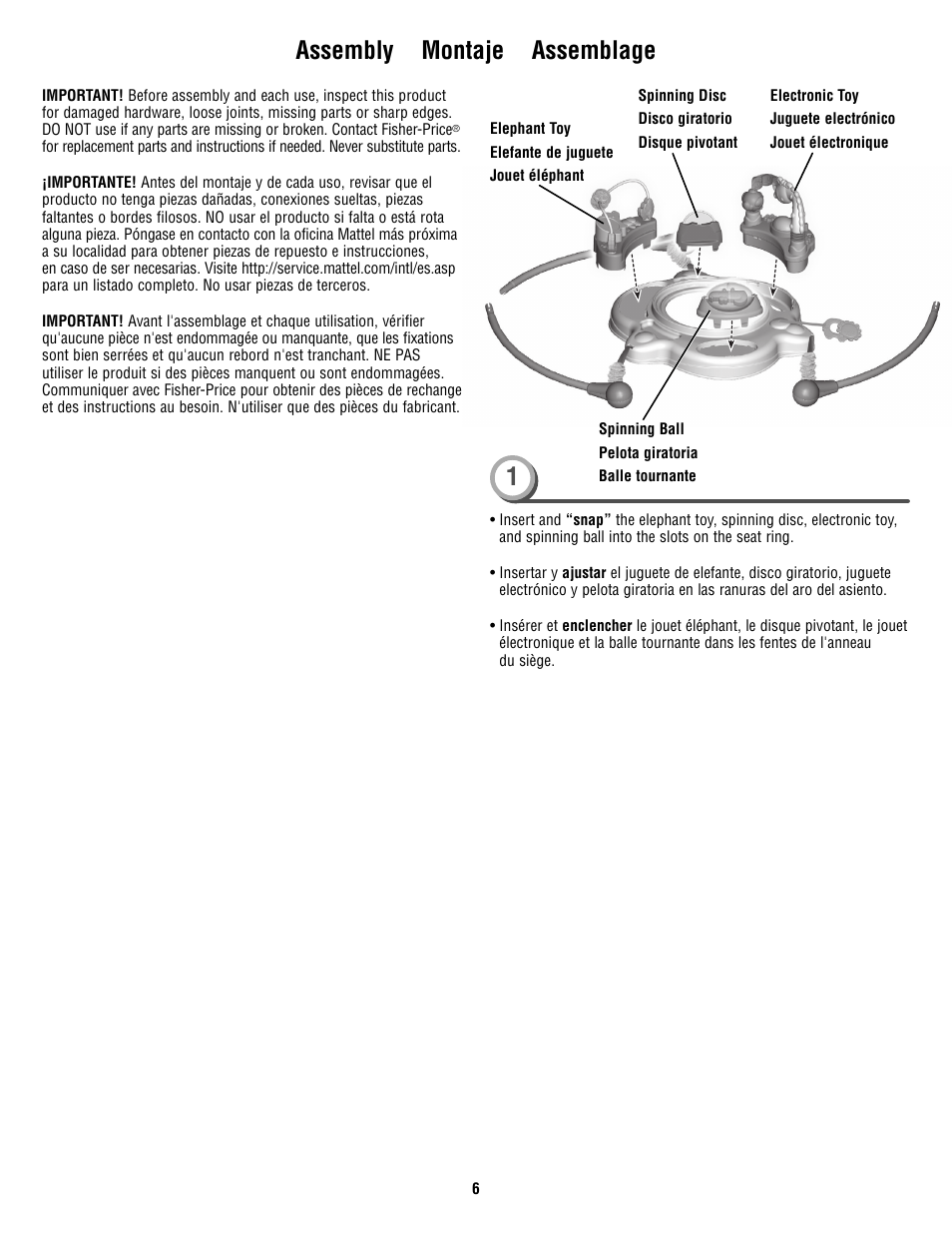 Assembly montaje assemblage | Fisher-Price V0206 User Manual | Page 6 / 16